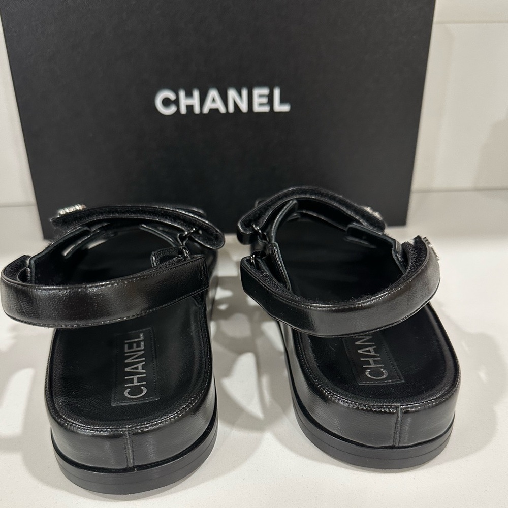 NEW Chanel Black Leather Slingback Dad Sandals with Silver Crystal Accents 37.5 - Picture 6 of 10